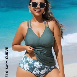 SHEIN Green and White Bikini with Plunging V-Neck